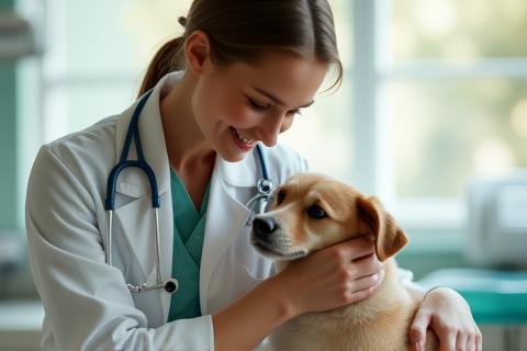 Rencontre chaleureuse entre vétérinaire et animal à la clinique Lumière